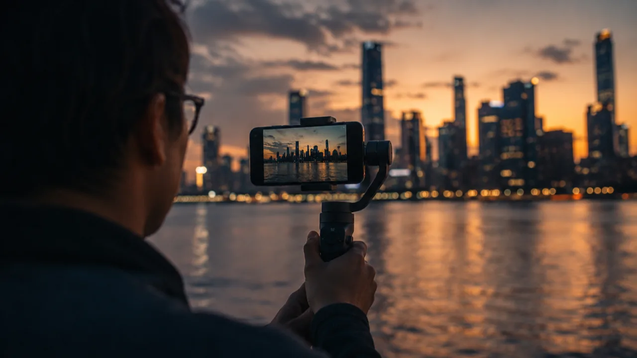 Smartphone mounted on a gimbal filming a city skyline at golden hour